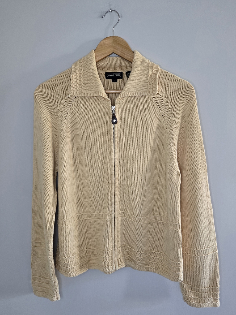 Jeanne Pierre 100% cotton knit sweater in a versatile beige neutral. Features a